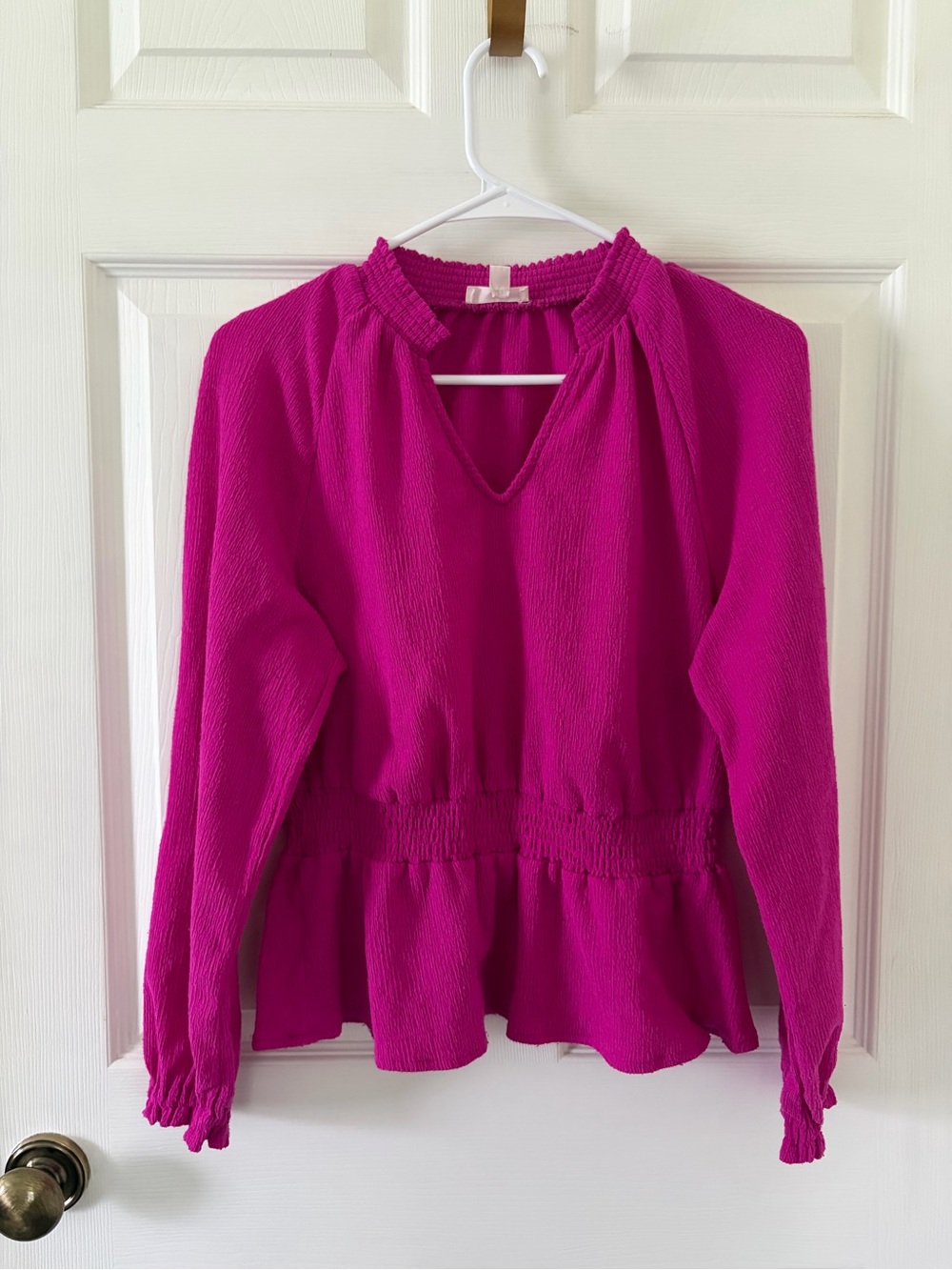 Riley & Rae Women’s Fuchsia Peplum Long-Sleeve Blouse